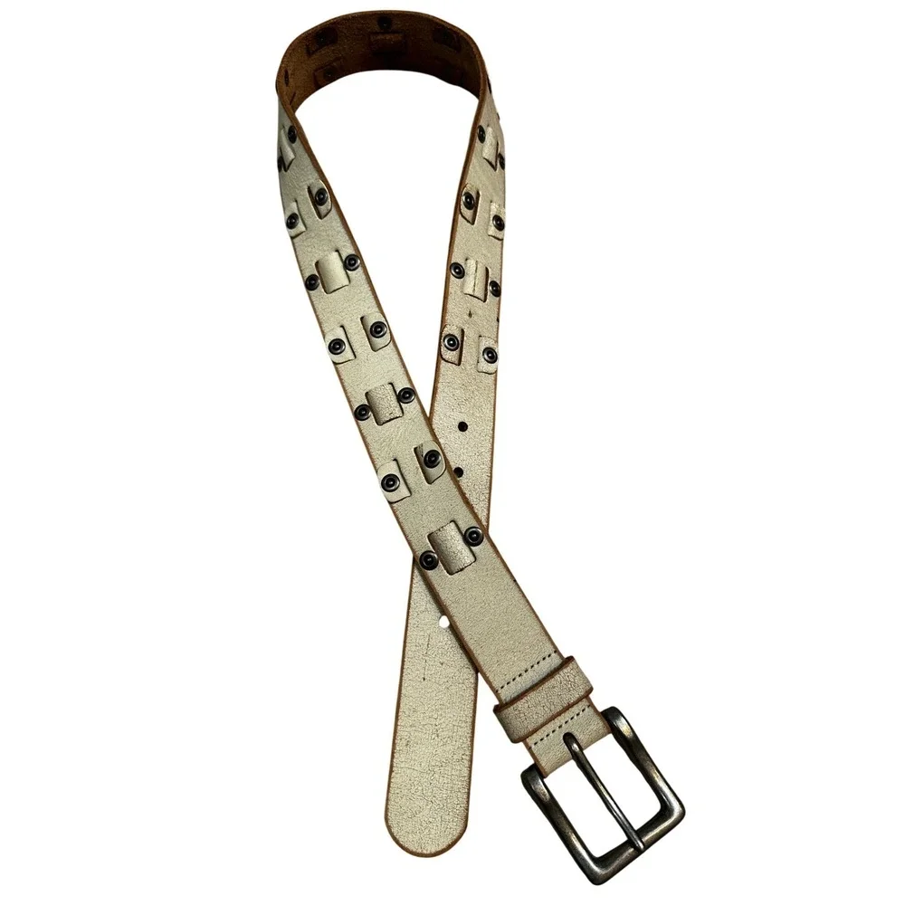 Fossil Mens Ivory Distressed Cracked Leather Studded Belt Size 34